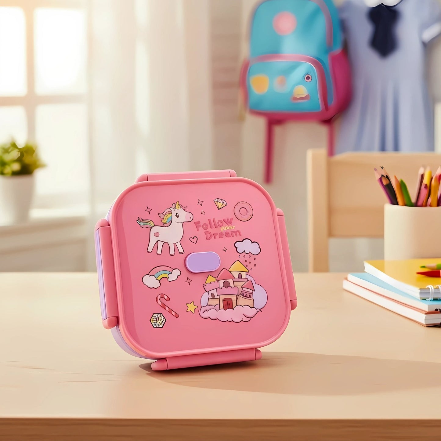 Unicorn Dreams Plastic Lunch Box - Pink