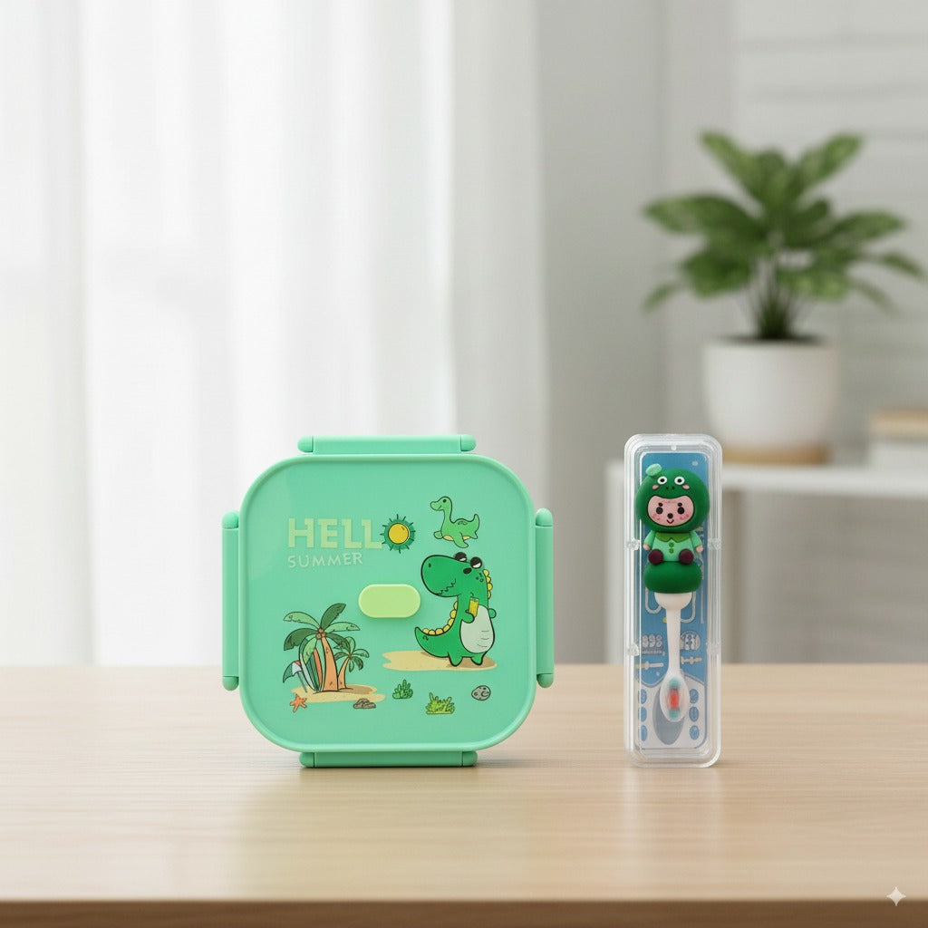 Kids Daily Care Bundle – Green Dino Lunch Box + Soft Cartoon Toothbrush