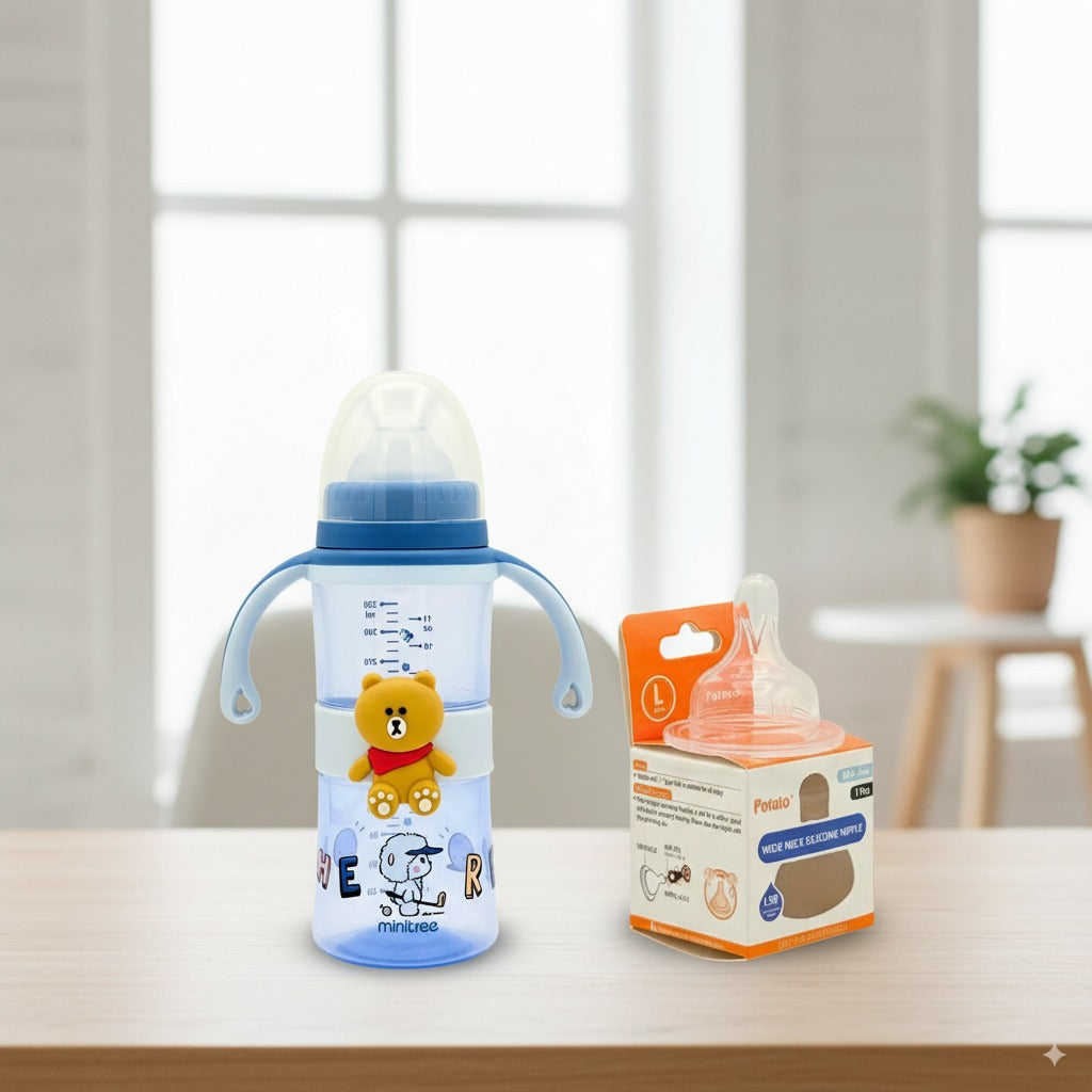 Baby Feeding Essentials Bundle – Mini Tree Wide Neck Feeder (330ml) + Extra Silicone Nipple