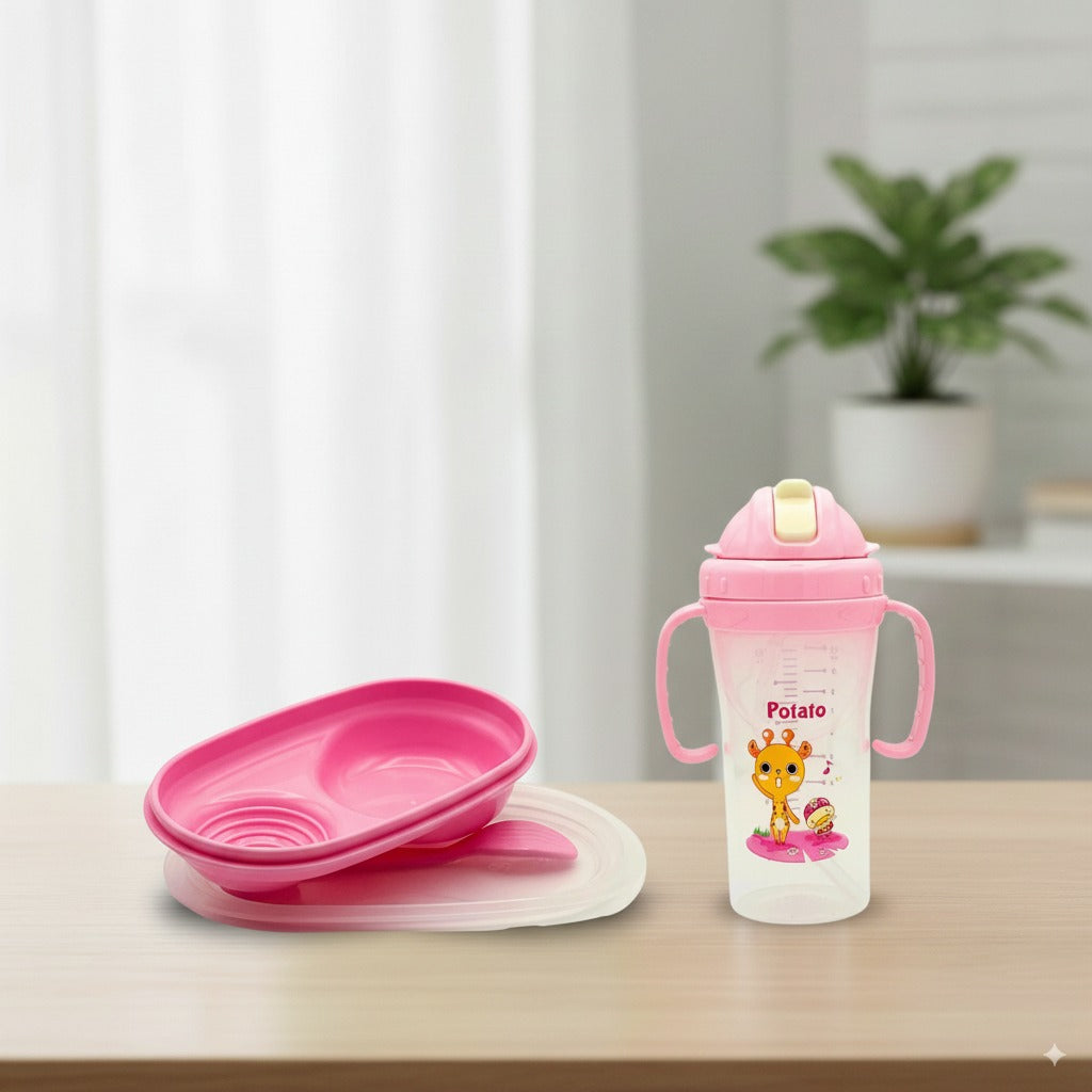 Baby Mealtime Essentials Bundle – Feeding Bowl with Spoon + Straw Training Cup (280ml)