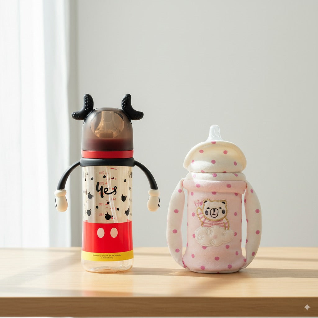 Feeding Comfort Bundle – Wide Neck Feeder (300ml) + Premium Cartoon Embroidered Feeder Cover