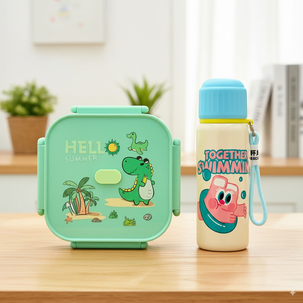 INTRESR Thermal Steel Water Bottle 550ml + Little Dino Lunch Box (Green) β Complete School Bundle