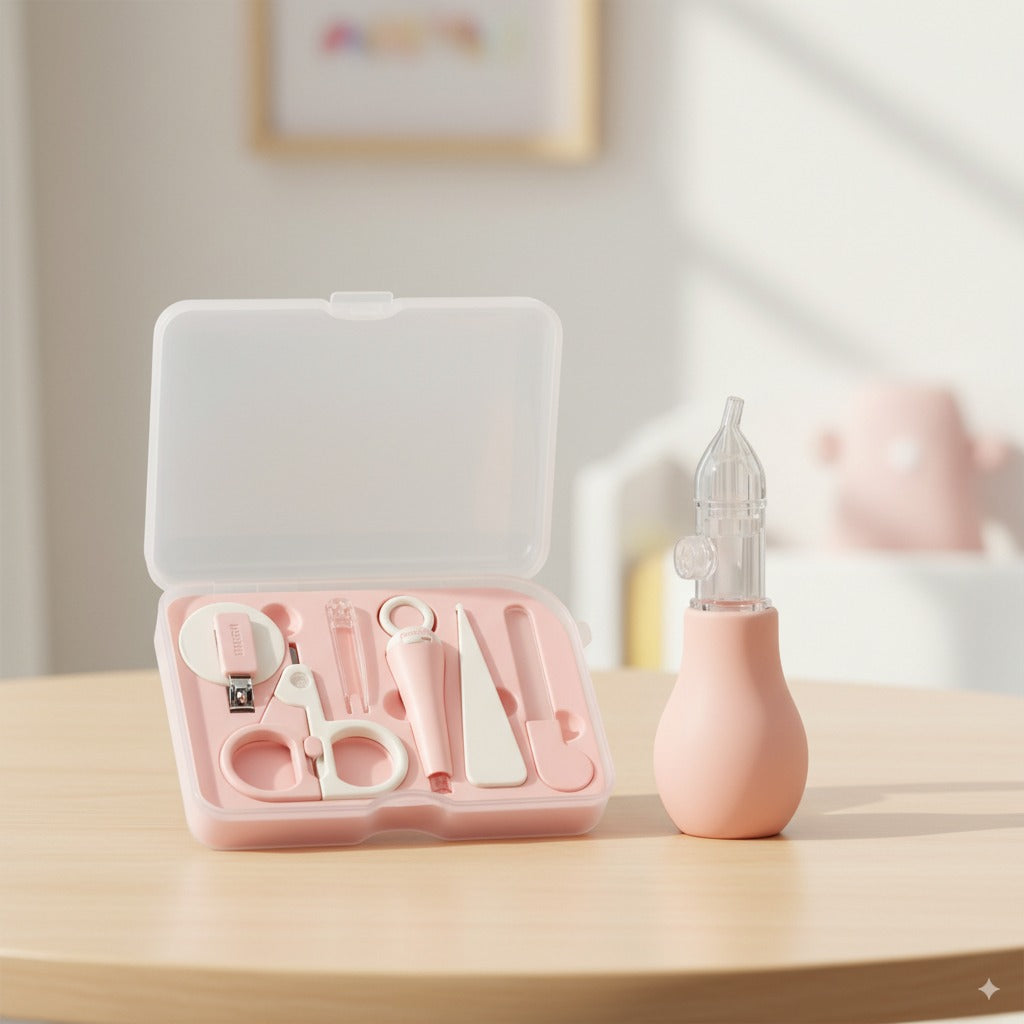 Newborn Hygiene Care Bundle – Pink 6pcs Nail Care Kit + Hercules Nose Cleaning Pump