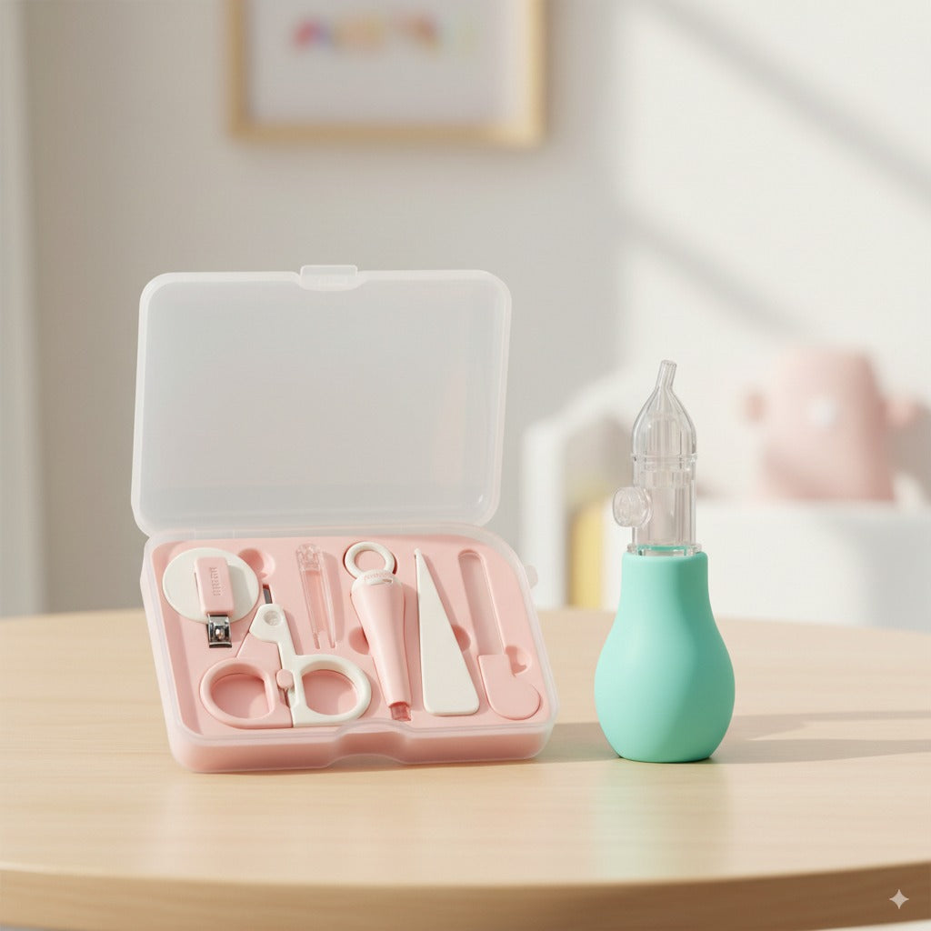 Newborn Hygiene Care Bundle – Pink 6pcs Nail Care Kit + Hercules Nose Cleaning Pump
