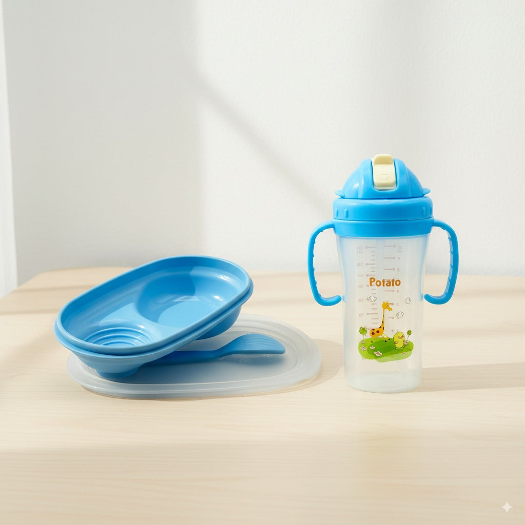 Baby Mealtime Essentials Bundle – Feeding Bowl with Spoon + Straw Training Cup (280ml)