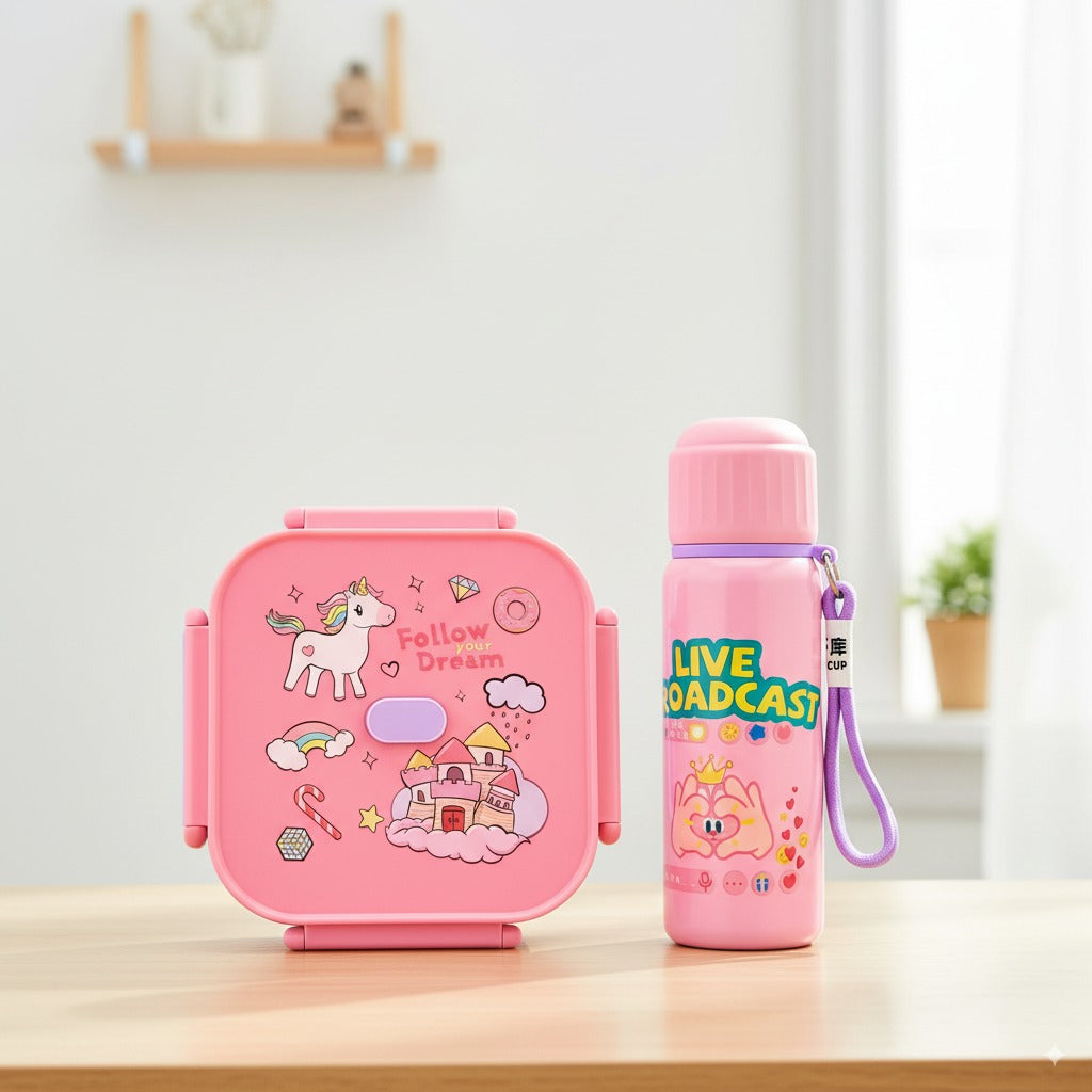 Kids School Lunch & Bottle Bundle – Pink Plastic Lunch Box + 550ml Thermal Steel Bottle