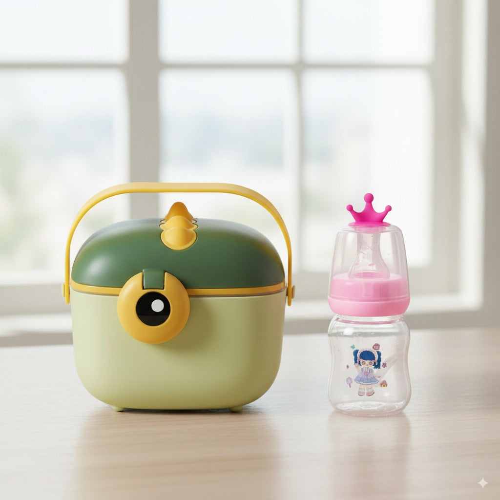 Baby Feeding Essentials Bundle – Dinosaur Milk Powder Container (400ml) + Feeder with Teether (60ml/2oz)