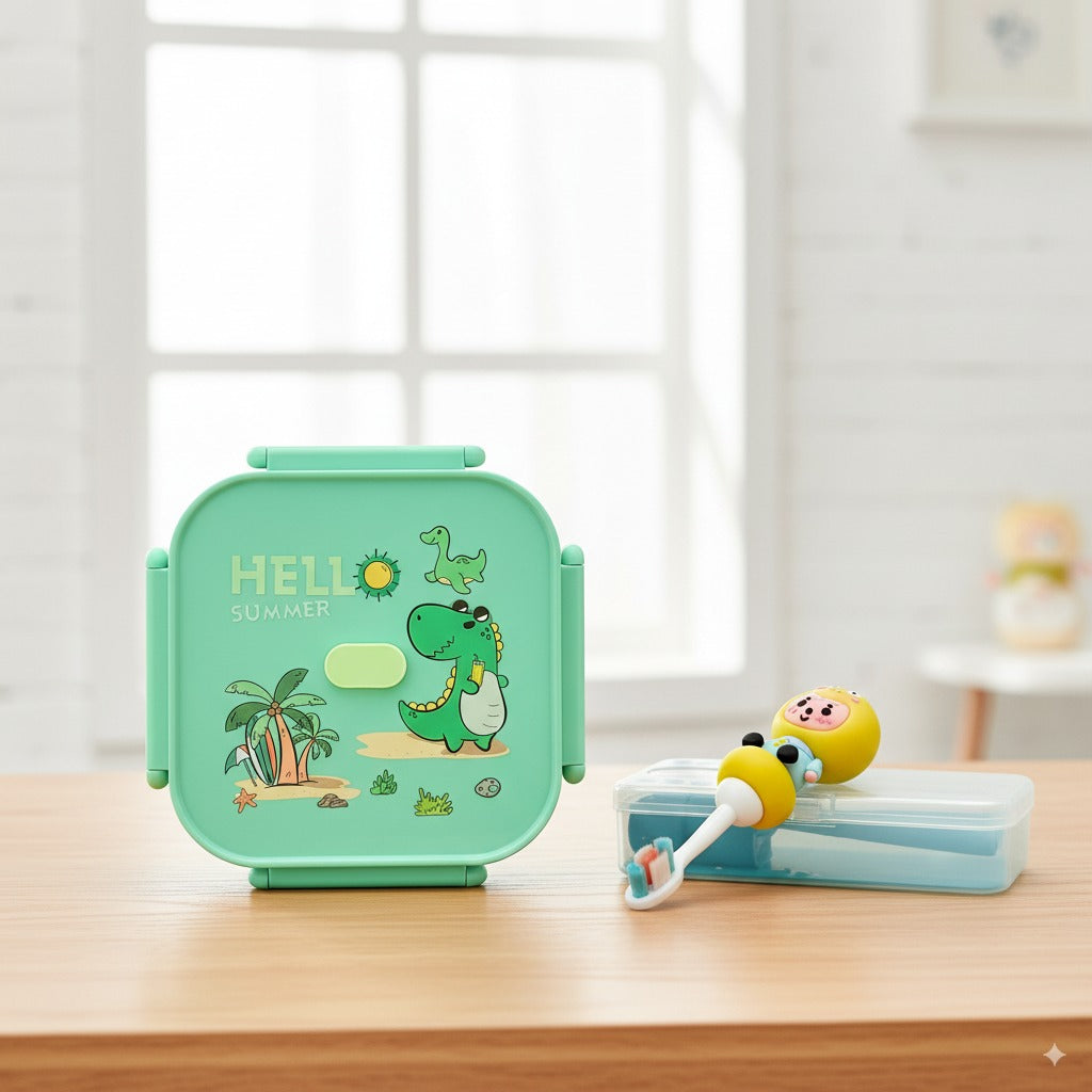 Kids Daily Care Bundle – Green Dino Lunch Box + Soft Cartoon Toothbrush