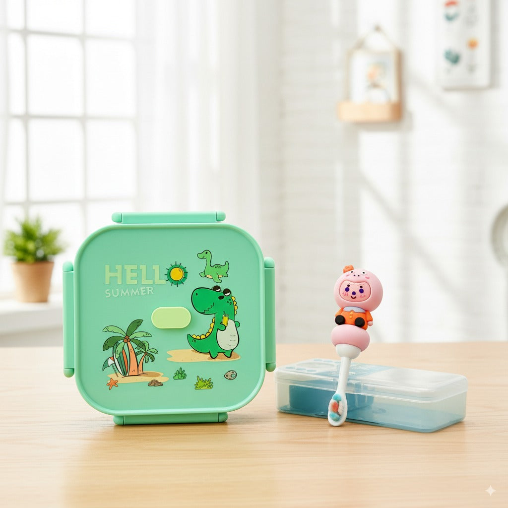 Kids Daily Care Bundle – Green Dino Lunch Box + Soft Cartoon Toothbrush