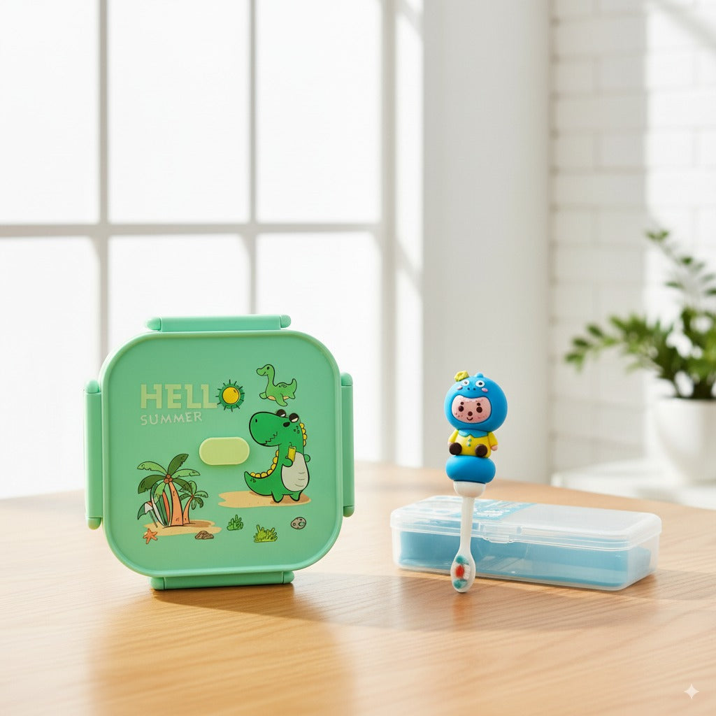 Kids Daily Care Bundle – Green Dino Lunch Box + Soft Cartoon Toothbrush