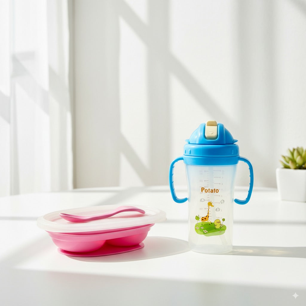 Baby Mealtime Essentials Bundle – Feeding Bowl with Spoon + Straw Training Cup (280ml)
