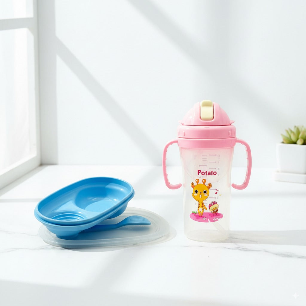 Baby Mealtime Essentials Bundle – Feeding Bowl with Spoon + Straw Training Cup (280ml)