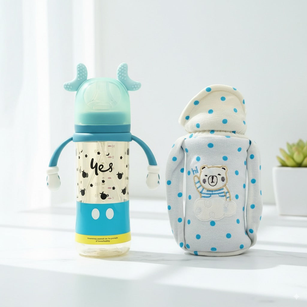 Feeding Comfort Bundle – Wide Neck Feeder (300ml) + Premium Cartoon Embroidered Feeder Cover