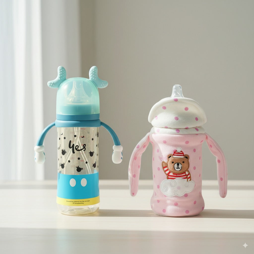 Feeding Comfort Bundle – Wide Neck Feeder (300ml) + Premium Cartoon Embroidered Feeder Cover