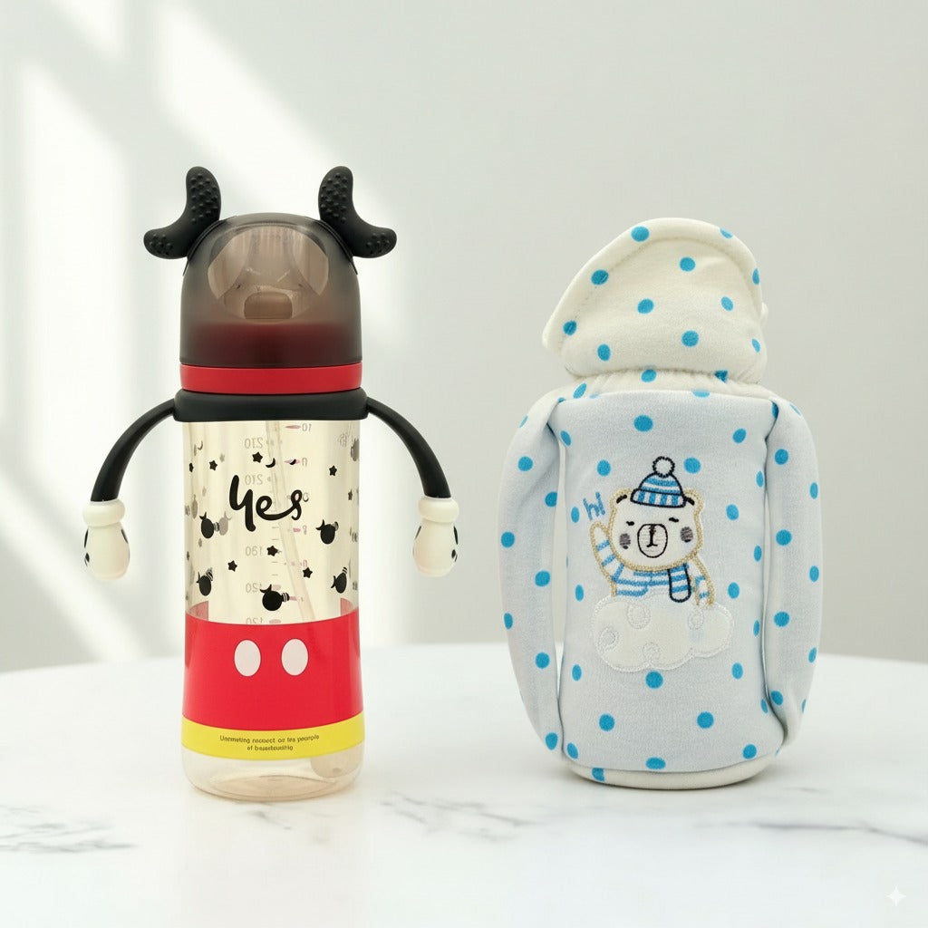 Feeding Comfort Bundle – Wide Neck Feeder (300ml) + Premium Cartoon Embroidered Feeder Cover