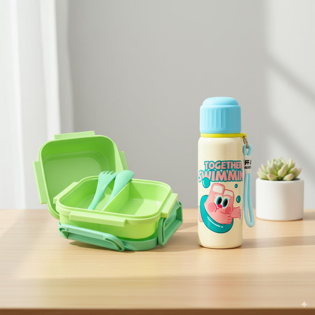 INTRESR Thermal Steel Water Bottle 550ml + Little Dino Lunch Box (Green) β Complete School Bundle