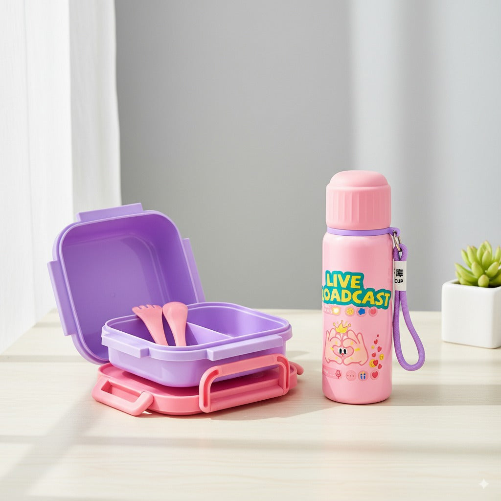 Kids School Lunch & Bottle Bundle – Pink Plastic Lunch Box + 550ml Thermal Steel Bottle