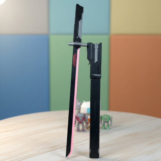 Black and pink pen-like device on a wooden surface with colorful background