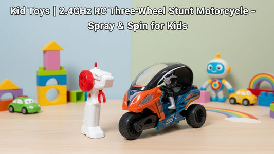 2.4GHz RC Three-Wheel Stunt Motorcycle – Spray, Spin & Race Fun for Kids