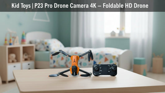 P23 Pro foldable HD drone camera with remote control displayed on a table, featuring compact 4K design for kids and beginners - Baby Nest