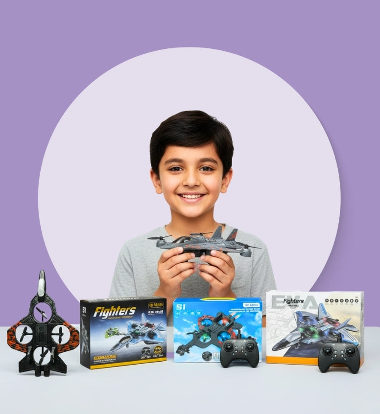 A Pakistani Kid Holding a fighter jet toy in the presentable way 