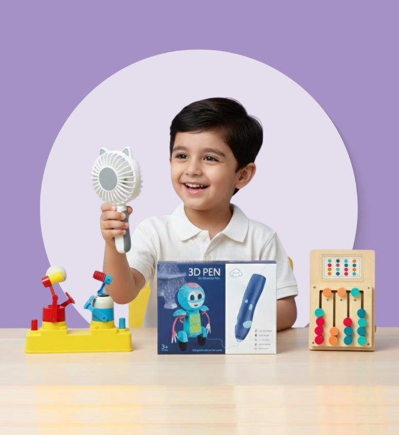 Happy boy holding multiple colorful toys designed for kids entertainment and play - Baby Nest