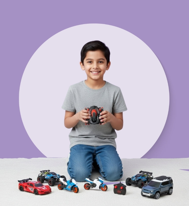 A boy enjoying playing with multiple remote control cars - Baby Nest