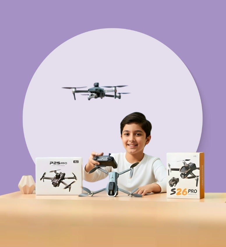 A young boy controlling an rc drone with remote, displaying different drones on table - Baby Nest