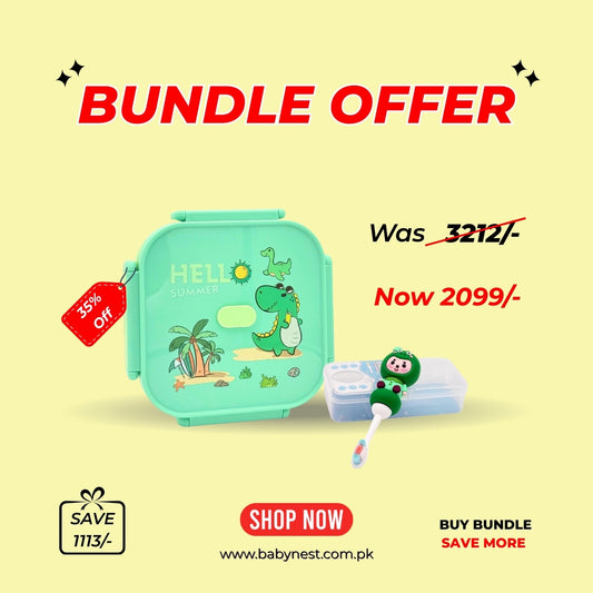 Kids Daily Care Bundle – Green Dino Lunch Box + Soft Cartoon Toothbrush