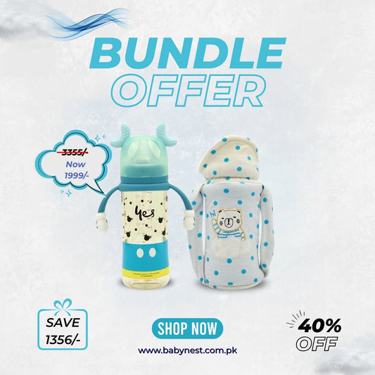 Feeding Comfort Bundle – Wide Neck Feeder (300ml) + Premium Cartoon Embroidered Feeder Cover