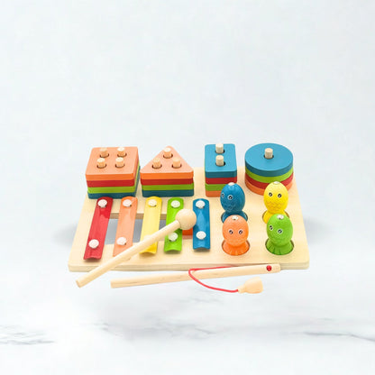3-in-1 Activity Wooden Board - Xylophone, Shapes & Fishing