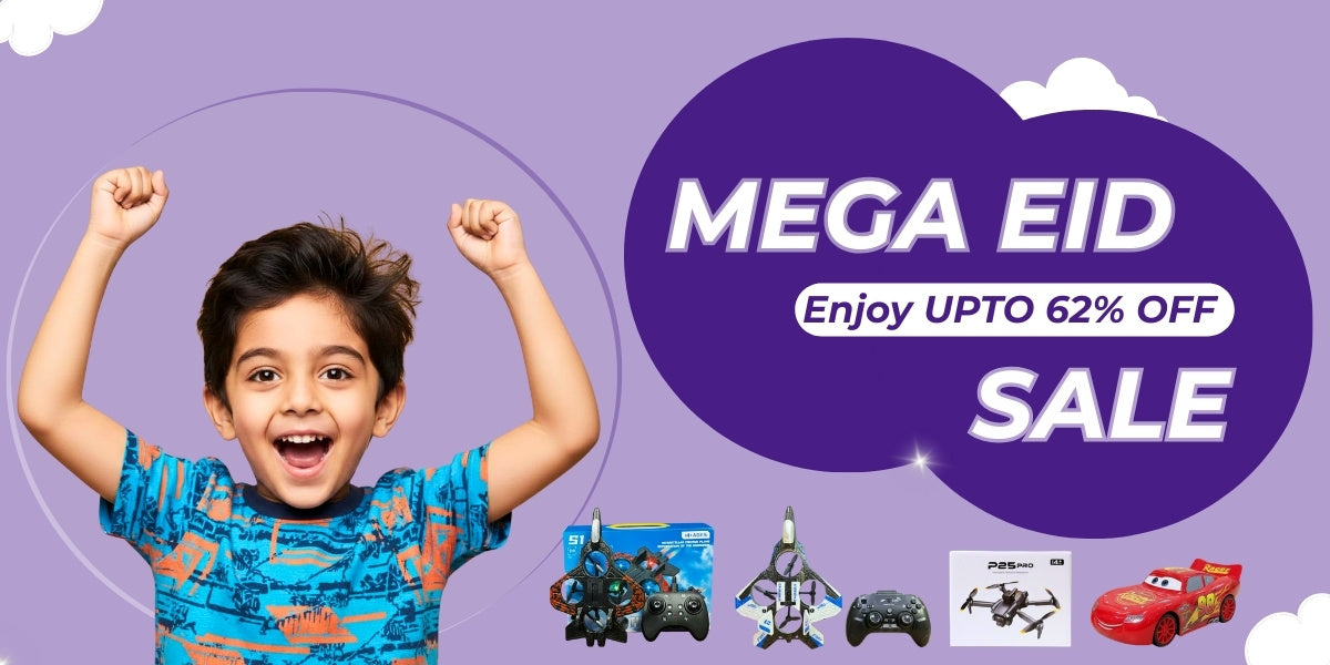 Child with raised arms celebrating a Mega Eid sale on a purple background with toy models.