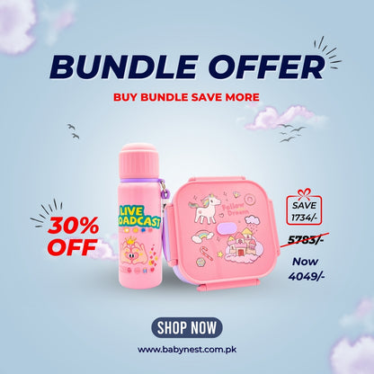 Kids School Lunch & Bottle Bundle – Pink Plastic Lunch Box + 550ml Thermal Steel Bottle