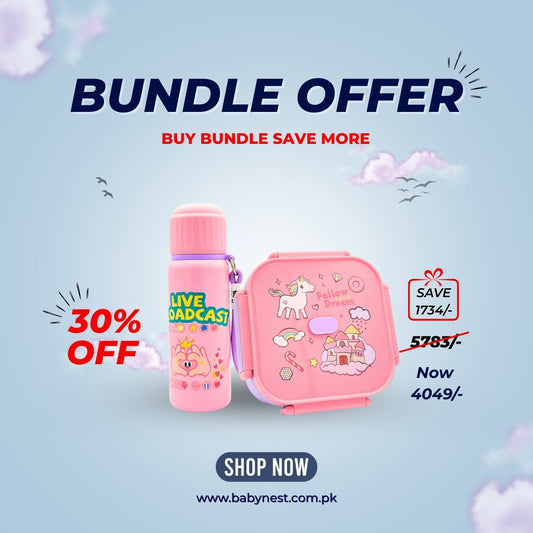 Kids School Lunch & Bottle Bundle – Pink Plastic Lunch Box + 550ml Thermal Steel Bottle