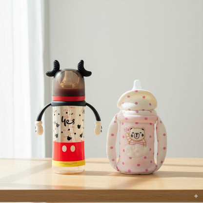 Feeding Comfort Bundle – Wide Neck Feeder (300ml) + Premium Cartoon Embroidered Feeder Cover