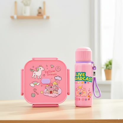 Kids School Lunch & Bottle Bundle – Pink Plastic Lunch Box + 550ml Thermal Steel Bottle