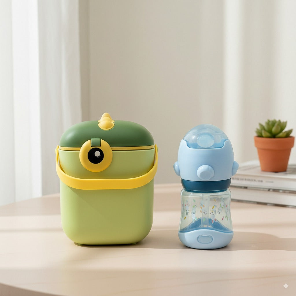 Baby Feeding Combo – Dinosaur Milk Powder Container (800ml) + Fish Feeder Bottle (60ml/2oz)