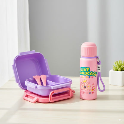 Kids School Lunch & Bottle Bundle – Pink Plastic Lunch Box + 550ml Thermal Steel Bottle