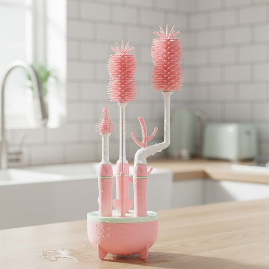 Set of pink bottle cleaning brushes with a holder on a kitchen counter.