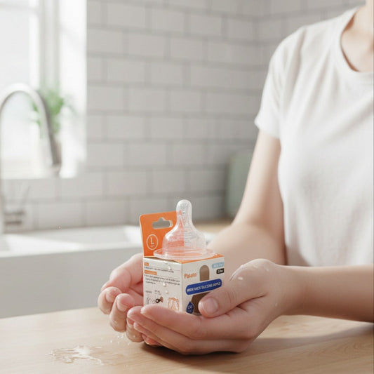 Person holding a baby bottle nipple and its packaging in a kitchen setting