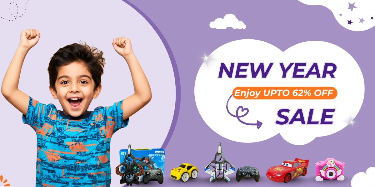 Child with raised arms and toys on a purple background with 'New Year Sale' text