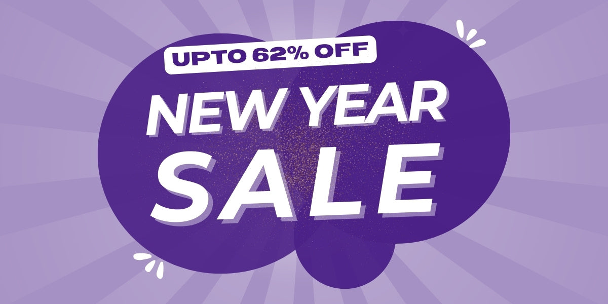 Promotional banner for New Year sale with 'Upto 62% Off' text on a purple background