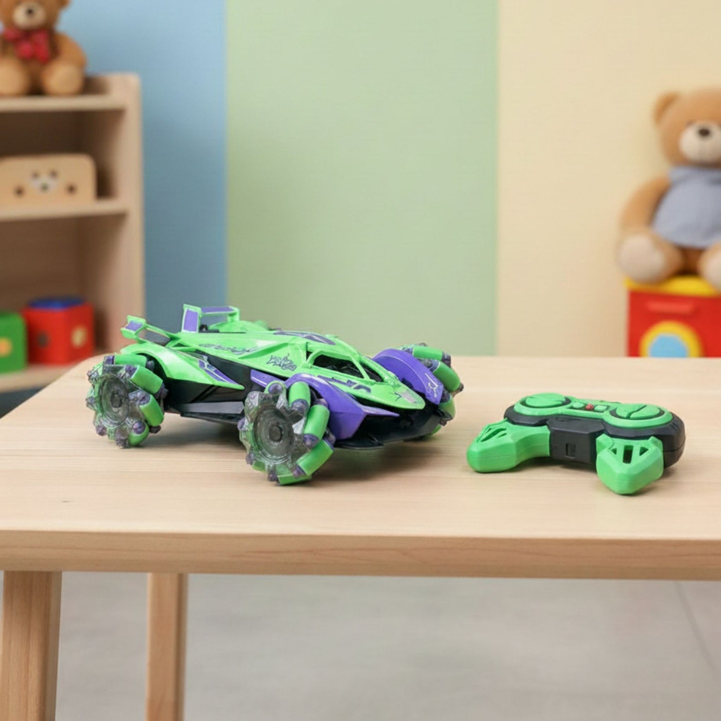 RC Spray Stunt Car with LED lights performing 360-degree spin