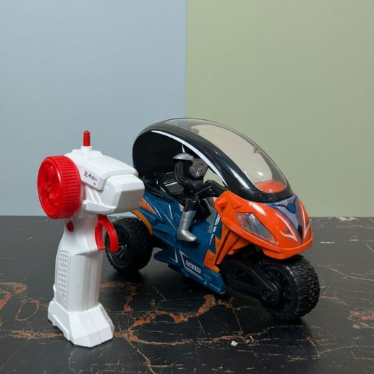 2.4GHz RC three-wheel stunt motorcycle performing 360° spin for kids