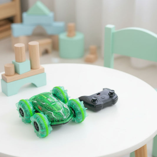 RC double-sided stunt car performing flips with LED lights