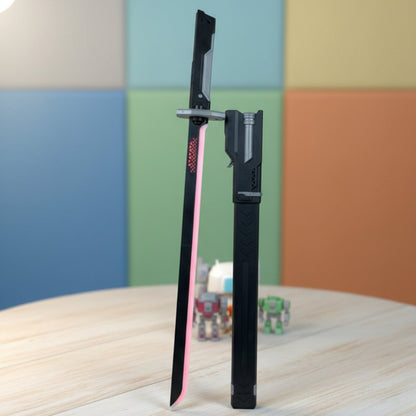 Black and pink pen-like device on a wooden surface with colorful background